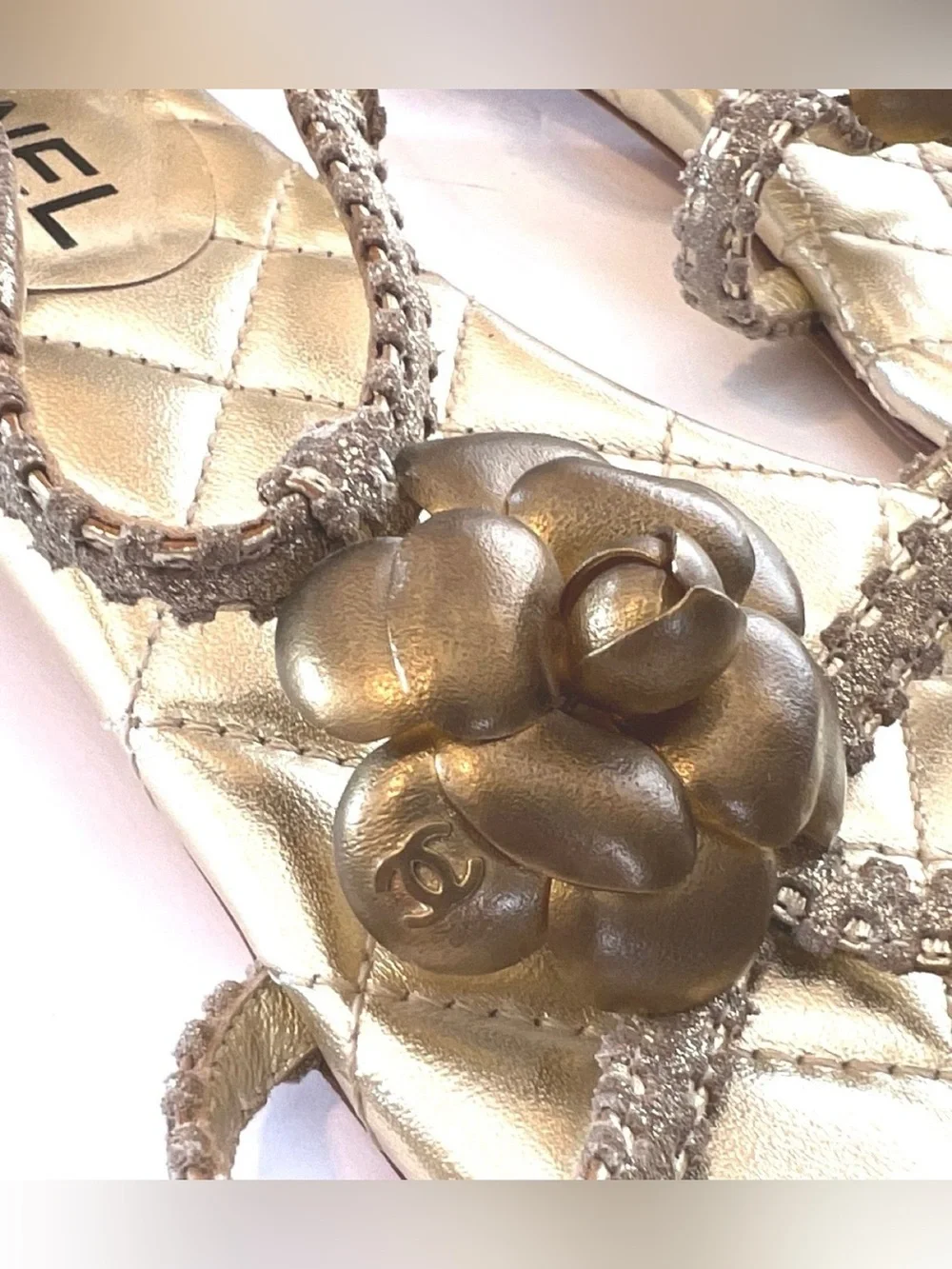Chanel Gold Quilted CC Camelia Sandals